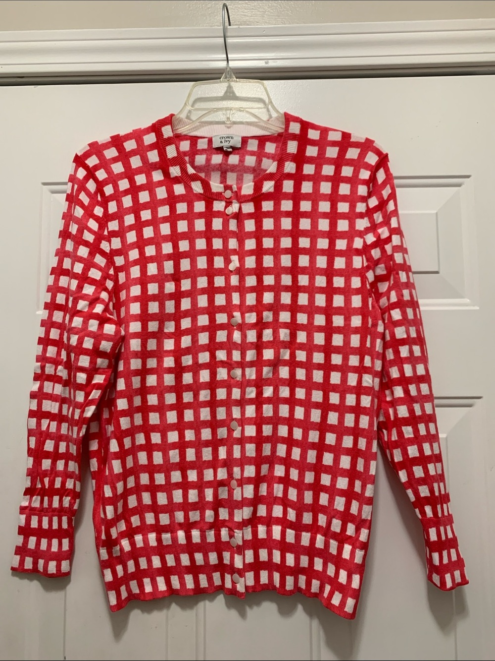 4/$10 Crown & Ivy Cotton Blend Red and White Check Button-Front Cardigan Large